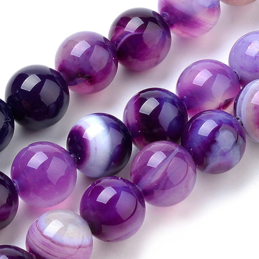 Violet Striped Agate Beads, Round, Dyed, Purple Banded Agate. Semi-Precious Gemstone Beads for Jewelry Making. Great for Stretch Bracelets and Necklaces.  Size: 8mm Diameter, Hole: 1mm; approx. 47pcs/strand, 14.5" Inches Long.  Material: Striped Banded Agate Loose Beads Dyed Purple Color. Polished, Shinny Finish.