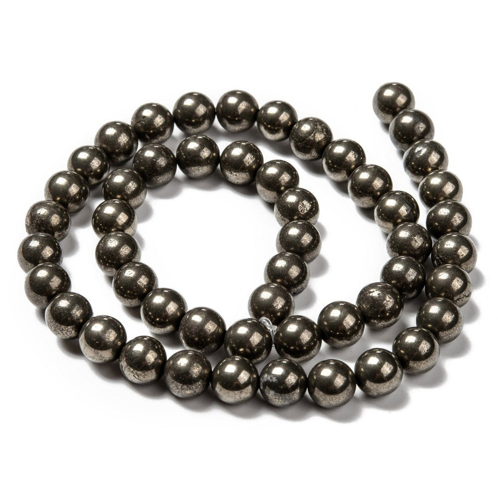 Natural Pyrite Beads, Round, Gunmetal Color. Semi-Precious Gemstone Beads for Jewelry Making.   Size: 8mm Diameter, Hole: 1mm; approx. 48pcs/strand, 15" Inches Long.  Material: Natural Pyrite Semi Precious Stone Beads. Polished, Shinny Finish.