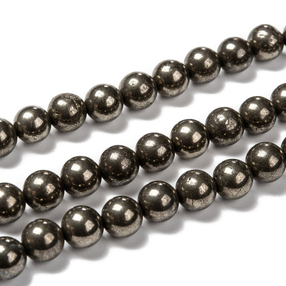 Natural Pyrite Beads, Round, Gunmetal Grey Color. Semi-Precious Gemstone Beads for Jewelry Making.   Size: 6mm Diameter, Hole: 1mm; approx. 65-67pcs/strand, 15" Inches Long.  Material: Genuine Pyrite Semi Precious Stone Beads. Polished, Shinny Finish.