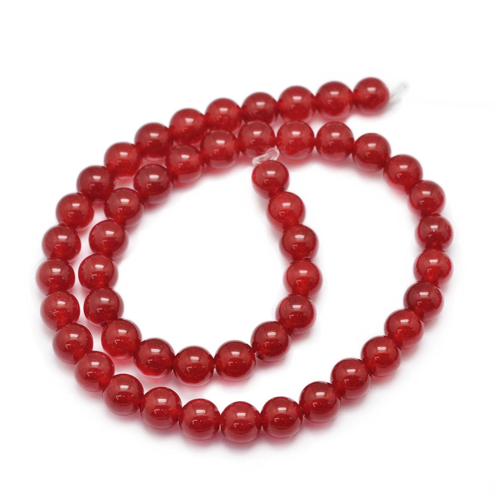 Red Jade Beads, Round, Medium Red Color. Semi-Precious Crystal Gemstone Beads for Jewelry Making. Great for Mala Bracelets.  Size: 6mm Diameter, Hole: 0.8mm; approx. 62pcs/strand, 14.5" inches long.