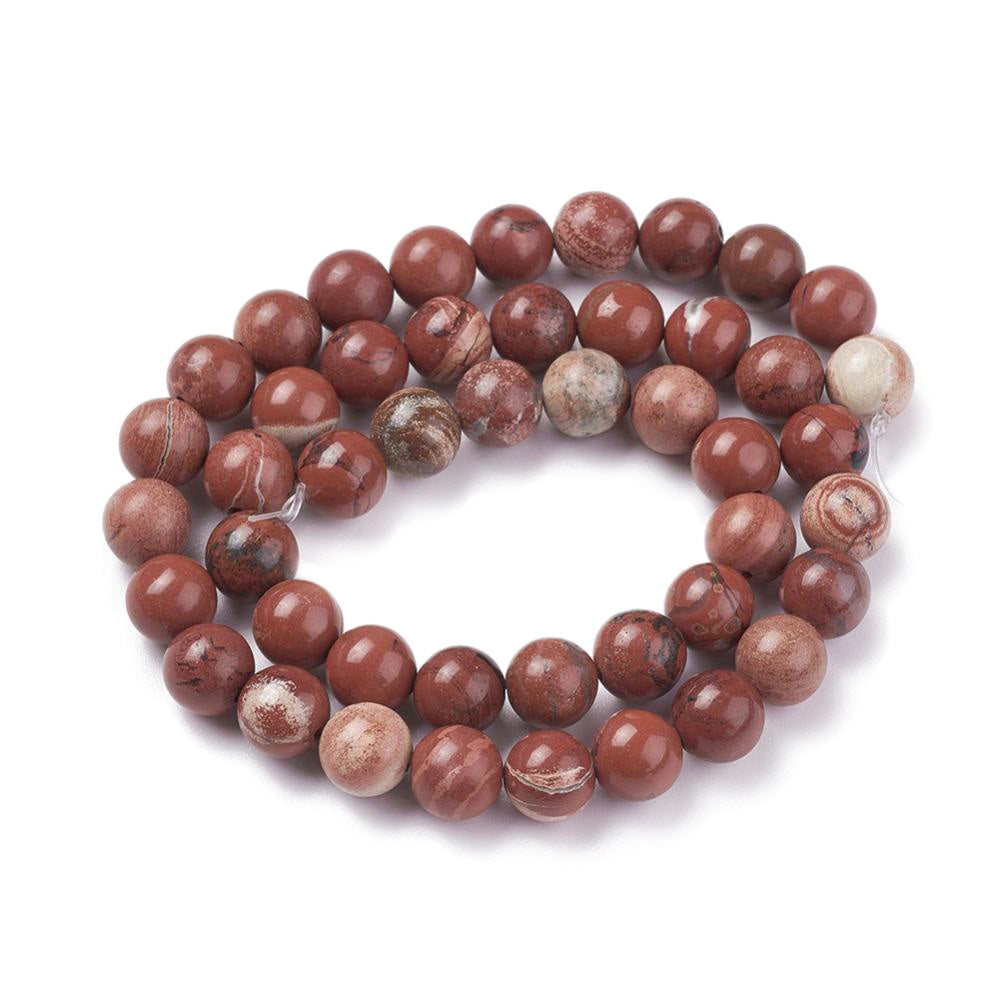 Red Jasper Beads, Round, Red Color. Semi-Precious Gemstone Beads for Jewelry Making. Affordable High Quality Beads, Great for Stretch Bracelets.  Size: 8mm Diameter, Hole: 1mm; approx. 46pcs/strand, 15" inches long.  Material: Premium Quality Genuine Red Jasper Stone. Reddish Brown Color. Polished, Shinny Finish.