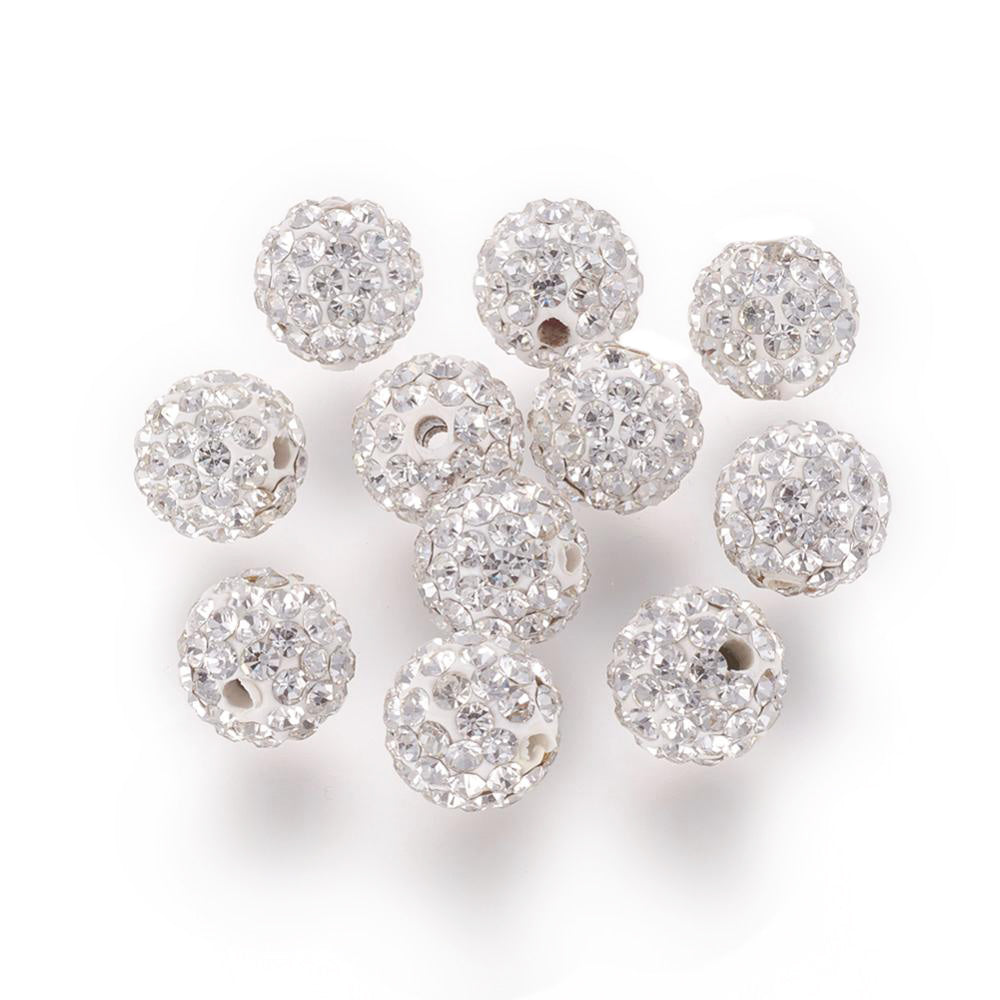 Pave Rhinestone Studded Spacer Beads, White Color Beads with Clear Crystal Color Rhinestones. Spacers for DIY Jewelry Making. Lovely Focal Beads.  Size: 9.5-10mm Diameter, Hole: 1.5mm, Quantity: 10pcs/package.  Material: Premium Grade "A" Rhinestone Studded Polymer Clay Pave Crystal Ball Beads. 6 Rows of Rhinestones. White Base with Clear Crystal Rhinestones. Shinny Sparkling Crystal Disco Balls. 