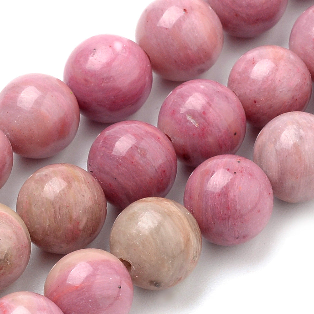 Premium Grade Rhodonite Beads, Round, Pink Color. Semi-Precious Gemstone Beads for DIY Jewelry Making. Gorgeous, High Quality Crystal Beads, Great for Mala Bracelets.  Size: 8mm Diameter, Hole: 1mm; approx. 46pcs/strand, 15" Inches Long.  Material: Genuine Rhodonite Beads, High Quality Natural Stone Beads. Pink Color.