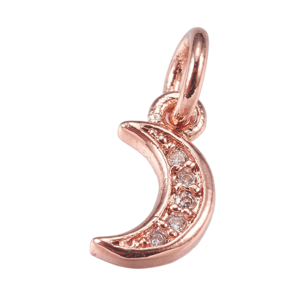 Brass Micro Pave Cubic Zirconia Moon Charm Beads, Rose Gold Color Heart Charm with Clear Cubic Zirconia for DIY Jewelry Making. Charms for Bracelet and Necklace Making.