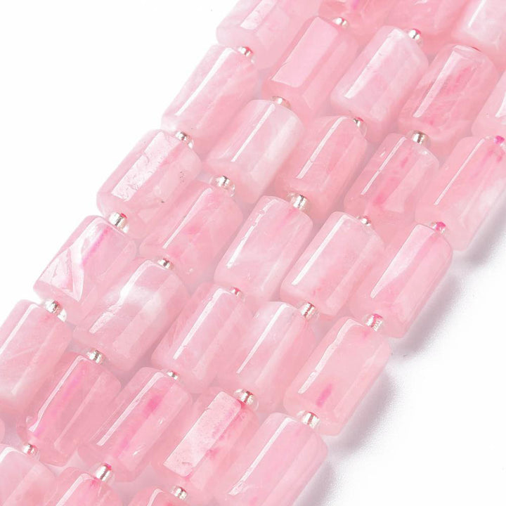 Natural Rose Quartz Beads, Faceted Column Shaped Beads, Light Pink Color. Semi-precious Pink Quartz Gemstone Beads for DIY Jewelry Making.    Size: 8-11mm Length, 6-8mm Width, 5-7mm Thick, Hole: 1mm, approx. 15-17pcs/strand, 7" inches long.  Material: Natural Rose Quartz Faceted Column Beads, Pink Color. Polished Finish.