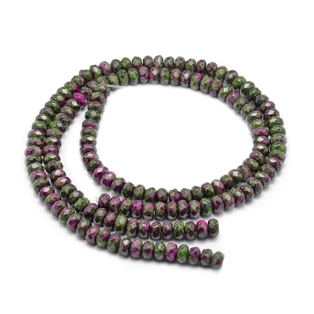 Natural Ruby in Zoisite Stone Beads, Faceted, Rondelle, Green/Magenta Red Color. Semi-Precious Gemstone Beads for DIY Jewelry Making.   Size: 8mm Diameter, 5mm Width, Hole: 1mm; approx. 72pcs/strand, 15" Inches Long.  Material: Natural Ruby in Zoisite Stone Beads. Dyed Deep Green Color with Magenta Red Markings. Shinny, Polished Finish. 