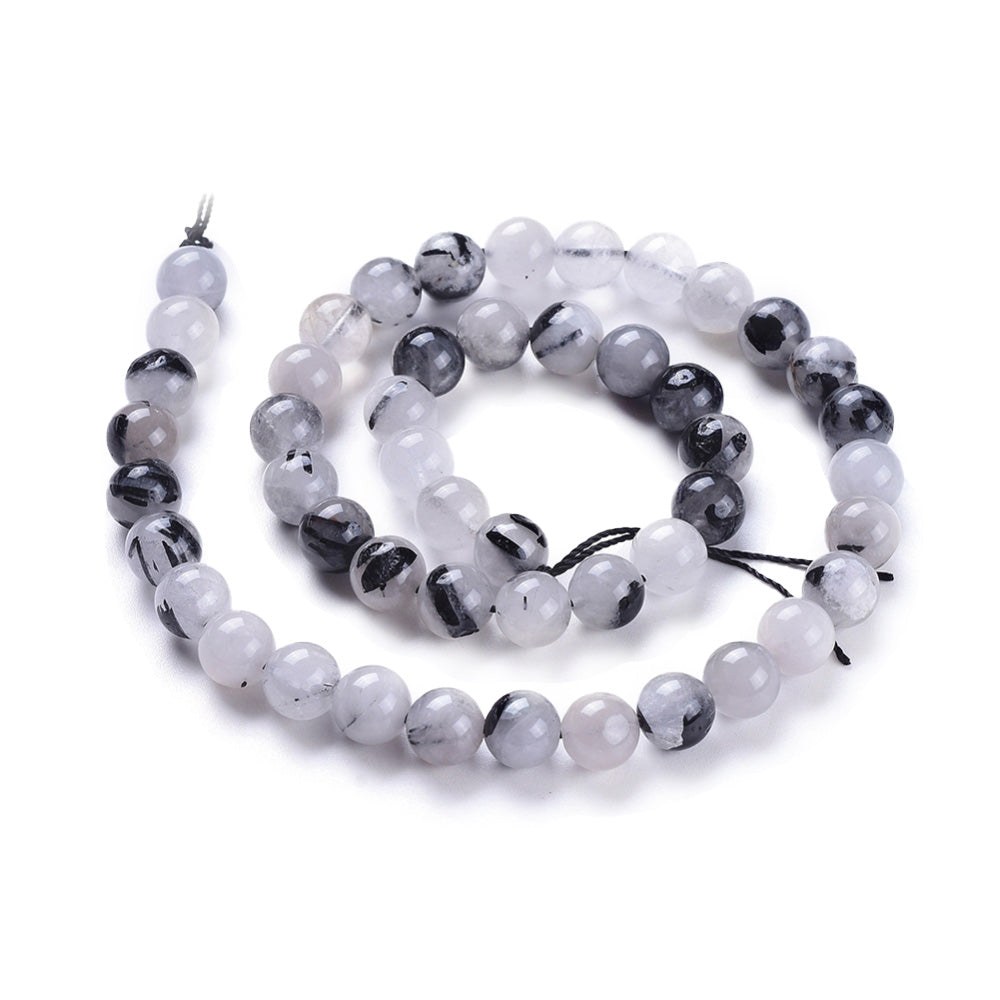 Natural Rutilated Quartz, Black Rutilated Quartz Beads, Round, White and Black Color. Semi-precious Rutilated Quartz Gemstone Beads for DIY Jewelry Making.    Size: 8mm Diameter, Hole: 1mm, approx. 48pcs/strand, 15.5 inches long.  Material: Genuine Natural Rutilated Quartz Beads, Round, Loose Stone Beads. Pale White Color with Black Markings. Polished, Shinny Finish.