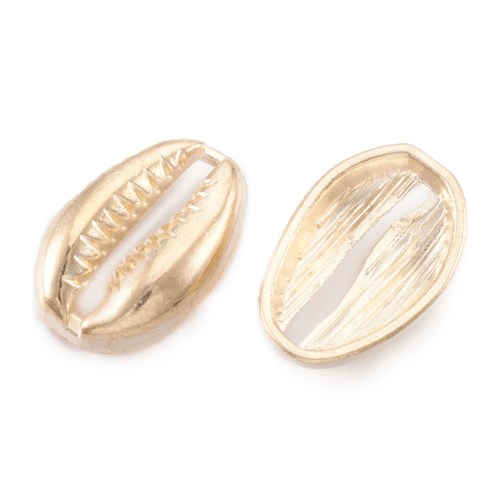 Light Gold Alloy Sea Snail Spacer Beads. Gold Shell Spacers for DIY Jewelry Making Projects.   Size: 16mm Length, 11mm Width, 3.5mm Thick, Hole: 1.5mm, approx. 5pcs/package.   Material: Light Gold Alloy Spacer Beads, Focal Bead. Link Spacers, Link Connector.