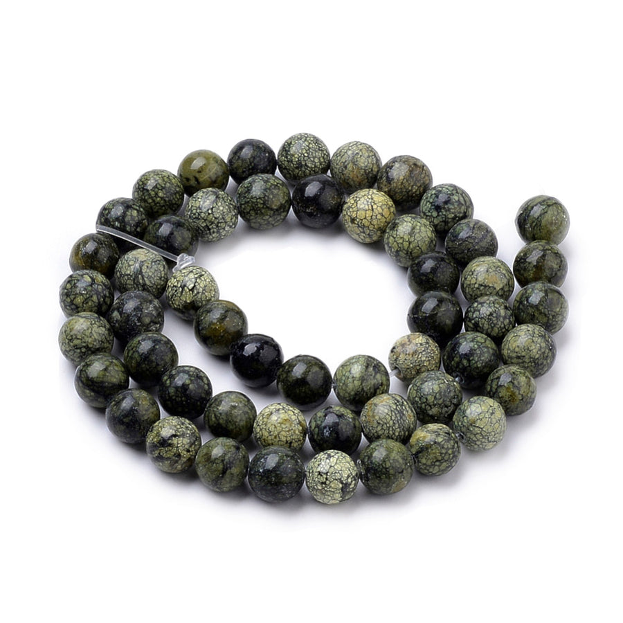 Serpentine Beads, Natural Green Lace Semi-Precious Stone Beads.  Size: 8mm Diameter, Hole: 1mm; approx. 46-48pcs/strand, 14.5" Inches Long.  Material: Genuine Serpentine Green Lace Stone Beads. Round, Green Color, Polished, Shinny Finish.