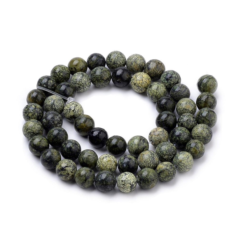Serpentine Beads, Natural Green Lace Semi-Precious Stone Beads.  Size: 6mm Diameter, Hole: 1mm; approx. 60-62pcs/strand, 14.5" Inches Long.  Material: Natural Serpentine Green Lace Stone Beads. Round, Green Color, Polished, Shinny Finish.