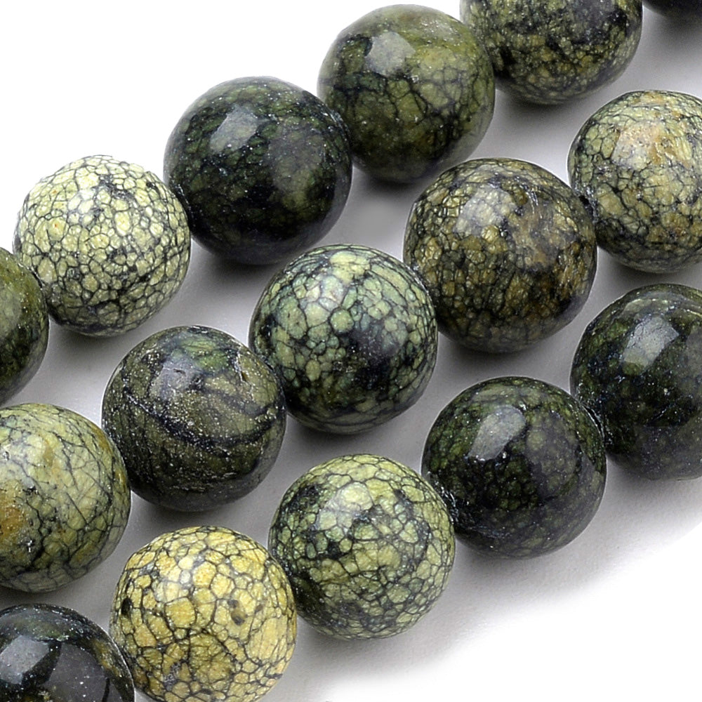 Serpentine Beads, Natural Green Lace Semi-Precious Stone Beads.  Size: 6mm Diameter, Hole: 1mm; approx. 60-62pcs/strand, 14.5" Inches Long.  Material: Natural Serpentine Green Lace Stone Beads. Round, Green Color, Polished, Shinny Finish.