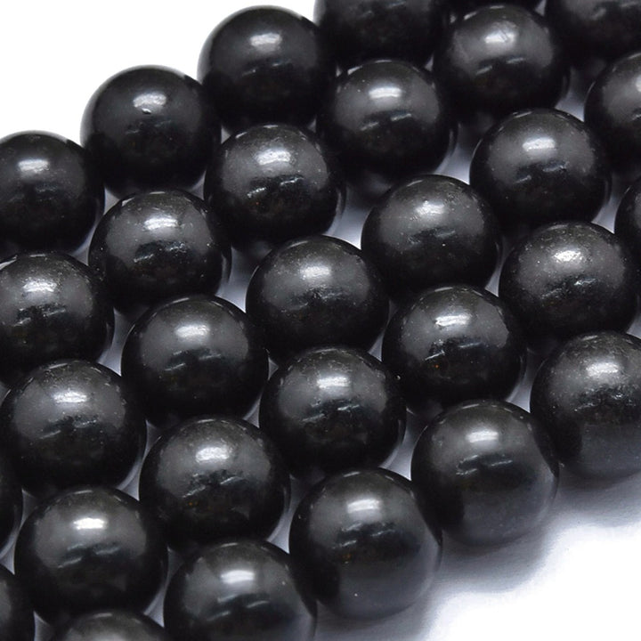 Natural Shungite Beads, Black Color. Semi-Precious Gemstone Beads for DIY Jewelry Making.   Size: 8-8.5mm Diameter, Hole: 0.6mm; approx. 46-48 pcs/strand, 15" Inches Long.  Material: Genuine Shungite Beads. Black Color. Polished, Shinny Finish.