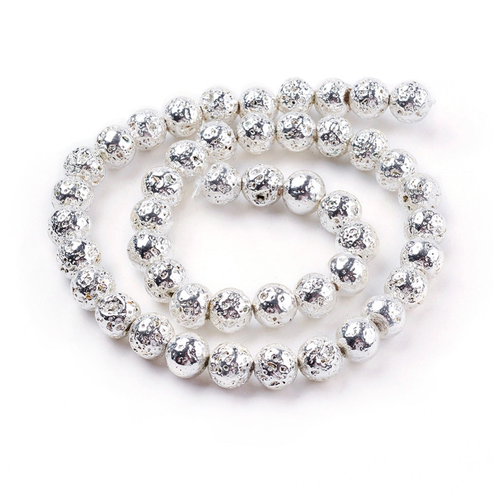 Electroplated Natural Lava Rock Bead Strands, Round, Bumpy, Silver Color. Silver Electroplated Lava Beads for DIY Jewelry Making. Perfect Accent Piece for Bracelets. Size: 8~8.5mm in diameter, hole: 1mm; approx. 47pcs/strand, 15.35 inches long. www.beadlot.com