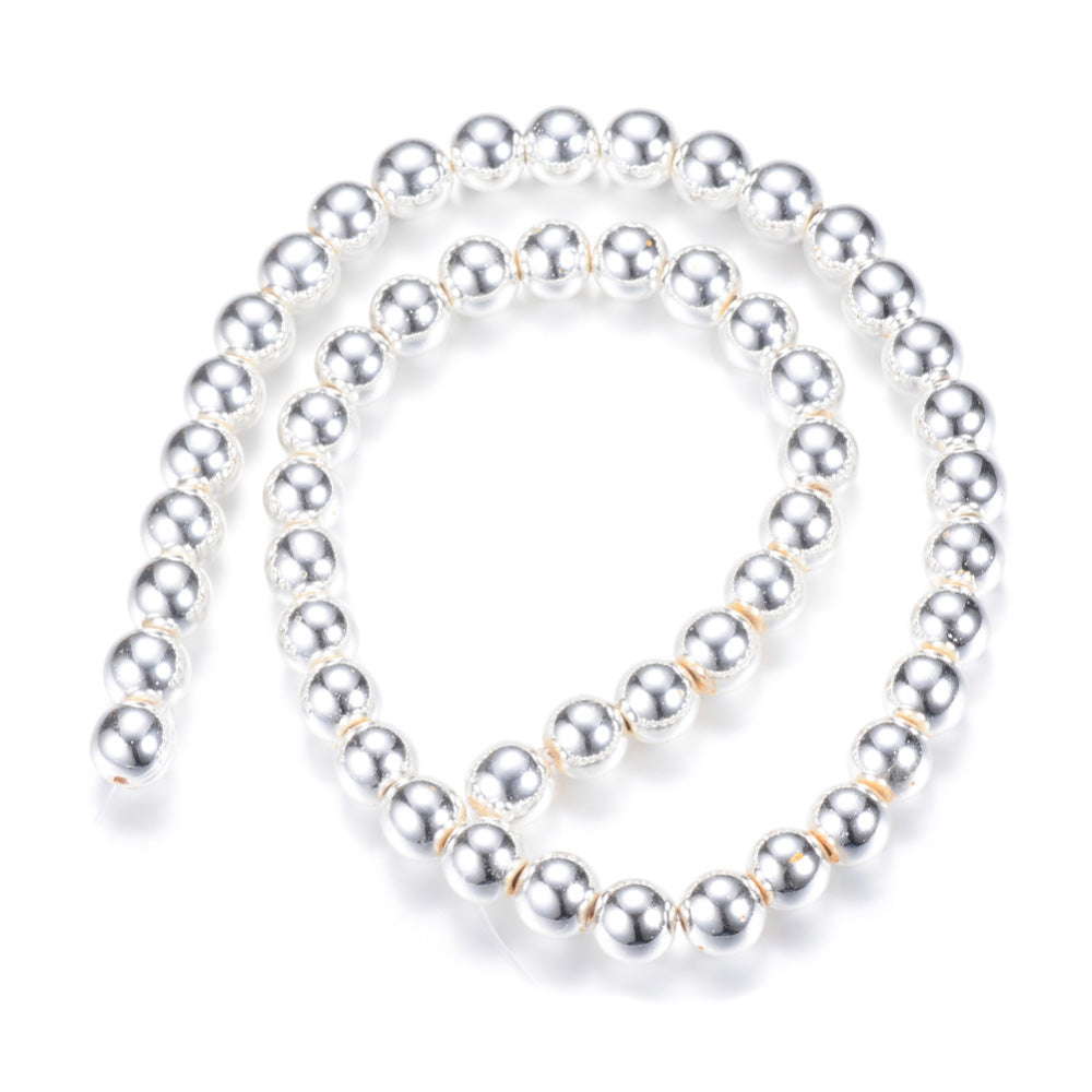 Electroplated Non-Magnetic Hematite Beads, Metallic Silver Color. Semi-Precious Stone Beads for Jewelry Making.   Size: 3mm Diameter, Hole: 1mm, approx. 125-140pcs/strand, 15" Inches Long.  Material: Non-Magnetic Hematite Beads. Silver Color. Shinny Metallic Lustrous Finish.