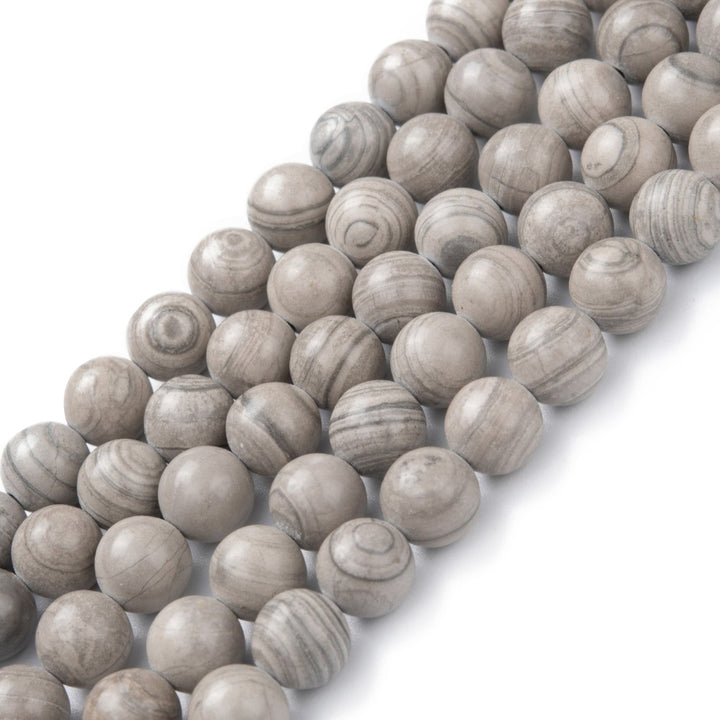 Silver Line Jasper Beads Strands, Round, Silver Grey Color. Gray Semi-precious Gemstone Beads for DIY Jewelry Making.  Size: 8mm Diameter, Hole: 1.2mm, approx. 45pcs/strand, 15" Inches Long.   Wide Usage: Silver Line Jasper Beads are Suitable for Necklaces, Earrings, Bracelets, and other Creative Projects.  Great Addition to Your Bead Collection.