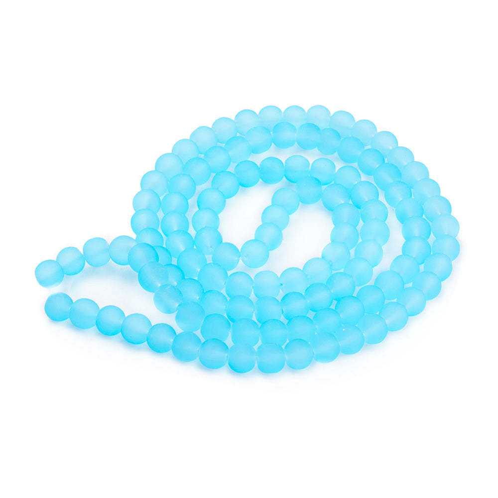 Frosted Glass Beads, Round, Light Blue Color. Matte Glass Bead Strands for DIY Jewelry Making. Affordable, Colorful Frosted Beads. Great for Stretch Bracelets.  Size: 8mm Diameter Hole: 2mm; approx. 105pcs/strand, 31" Inches Long.  Material: The Beads are Made from Glass. Frosted Glass Beads, Soft Light Blue Colored Beads. Unpolished, Matte Finish.