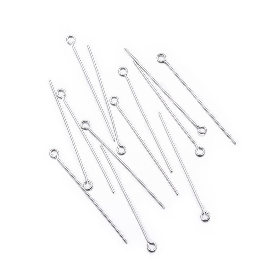 304 Stainless Steel Eye Pins for DIY Jewelry Making. Stainless Steel Color Eye Pins.  Size: 36mm Length, 0.5mm Diameter, approx. 100 pcs/package.  Material: 304 Stainless Steel Eye Pin.