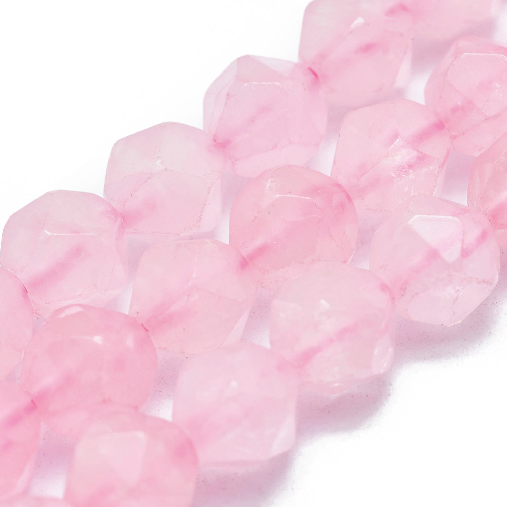 Faceted Star Cut Rose Quartz Beads, Pink Color. Semi-Precious Gemstone Beads for DIY Jewelry Making.  Size: 7-8mm Length, 6.5-7mm Width; Hole: 1mm; approx. 47pcs/strand, 14.5" Inches Long.  Material: Genuine Rose Quartz, Faceted, Star Cut Beads, Pink Color. Polished, Shinny Finish.