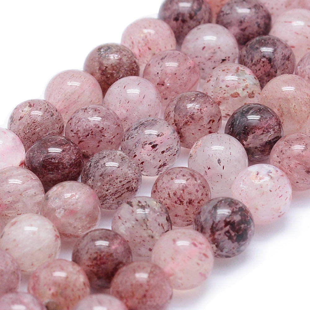 Natural Strawberry Quartz Beads. Round, Pink Strawberry Quartz Beads. Semi-precious Gemstone Beads for DIY Jewelry Making.   Size: 8mm diameter, Hole: 1mm; approx. 45pcs/strand, 15" inches long.  Material: The Beads are Natural Strawberry Quartz Stone. Premium Quality Crystal Beads. Dark Clear Pink Color. Polished, Shinny Finish.