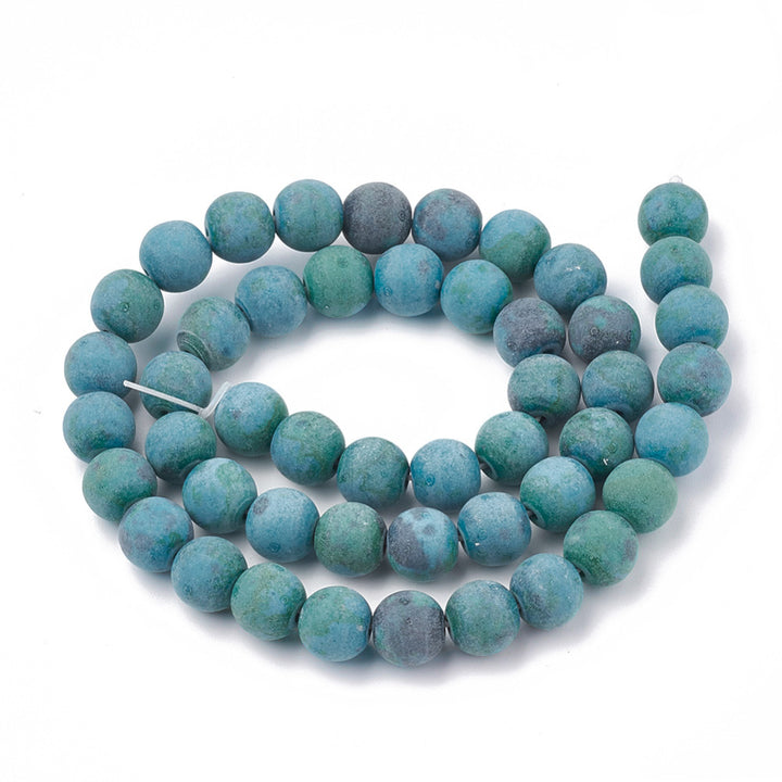 Synthetic Frosted Chrysocolla Beads, Round, Powdered Turquoise Green Color. Synthetic Matte Semi-Precious Gemstone Beads for Jewelry Making.   Size: 6mm Diameter, Hole: 1mm; approx. 61pcs/strand, 15" Inches Long.  Material: Synthetic Chrysocolla Beads, Turquoise Green Color, Unpolished, Matte Finish.