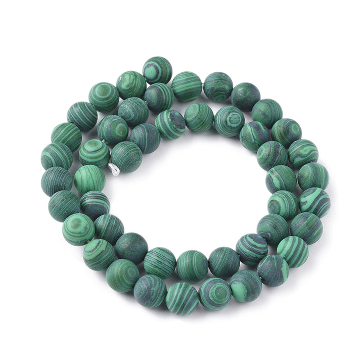 Frosted Synthetic Malachite Beads, Round, Green Color. Matte Semi-precious Stone Beads for DIY Jewelry Making.  Size: 8mm in Diameter, Hole: 1mm, approx. 48pcs/strand, 14.5" Inches Long.  Material: Synthetic Frosted Malachite Beads, dyed Green Color. Matte Finish.