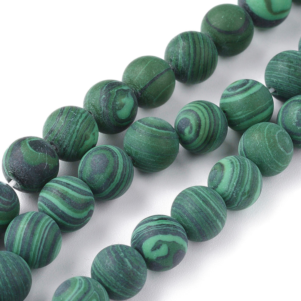 Frosted Synthetic Malachite Beads, Round, Green Color. Matte Semi-precious Stone Beads for DIY Jewelry Making.  Size: 8mm in Diameter, Hole: 1mm, approx. 48pcs/strand, 14.5" Inches Long.  Material: Synthetic Frosted Malachite Beads, dyed Green Color. Matte Finish.