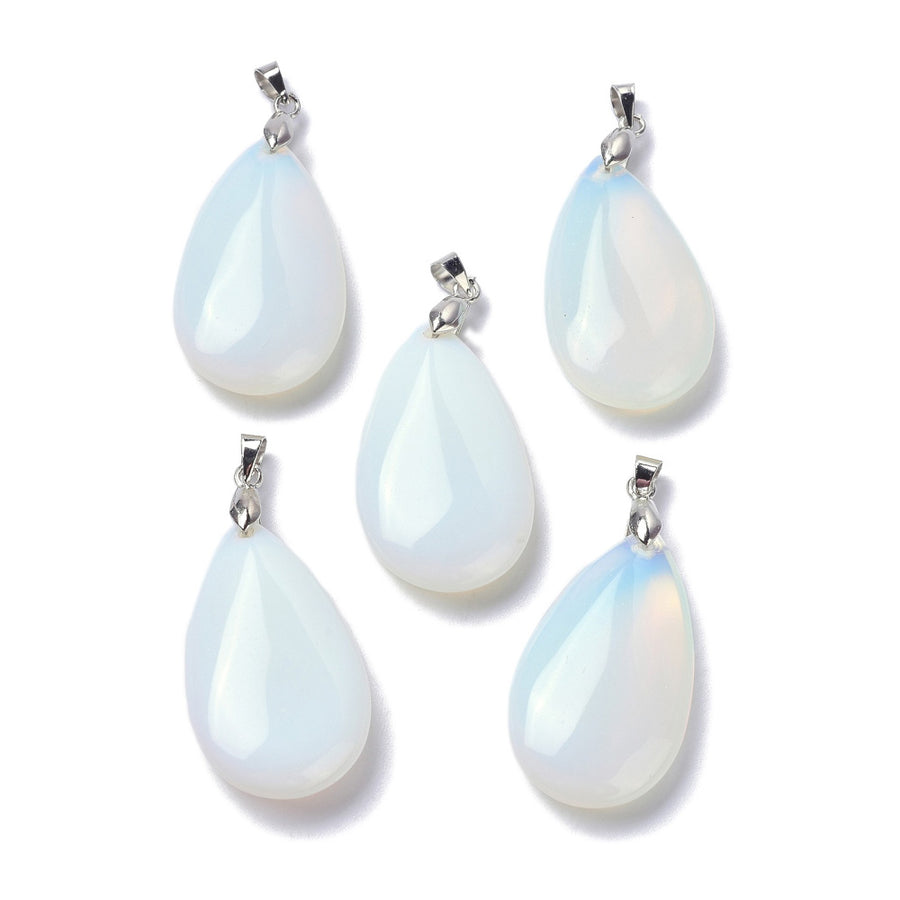 Synthetic Opalite Teardrop Pendants, Clear White Color. Semi-precious Gemstone Pendant for DIY Jewelry Making. Gorgeous Centre piece for Necklaces.   Size: 35mm Length, 20mm Width, 7.5-9mm Thick, Hole: 4x3.5mm, 1pcs/package.   Material: Synthetic Opalite Stone Pendant, Platinum Toned Brass Findings. High Quality, Tear Drop Shaped Stone Pendants. Shinny, Polished Finish. 