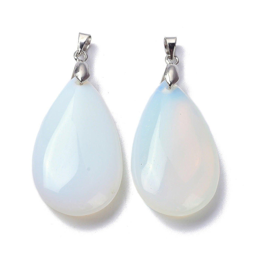 Synthetic Opalite Teardrop Pendants, Clear White Color. Semi-precious Gemstone Pendant for DIY Jewelry Making. Gorgeous Centre piece for Necklaces.   Size: 35mm Length, 20mm Width, 7.5-9mm Thick, Hole: 4x3.5mm, 1pcs/package.   Material: Synthetic Opalite Stone Pendant, Platinum Toned Brass Findings. High Quality, Tear Drop Shaped Stone Pendants. Shinny, Polished Finish. 