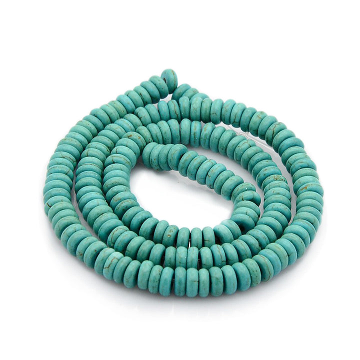 Synthetic Turquoise Disc Beads for DIY Jewelry Making. Turquoise Colored, Flat, Round Spacer Beads.  Size: 6mm Diameter, 2.5mm Thick, Hole: 1mm, approx. 150pcs/strand, 16 Inches Long.  Material: Synthetic Turquoise Disc Beads. Flat, Round, Lightweight Beads. Smooth Finish.