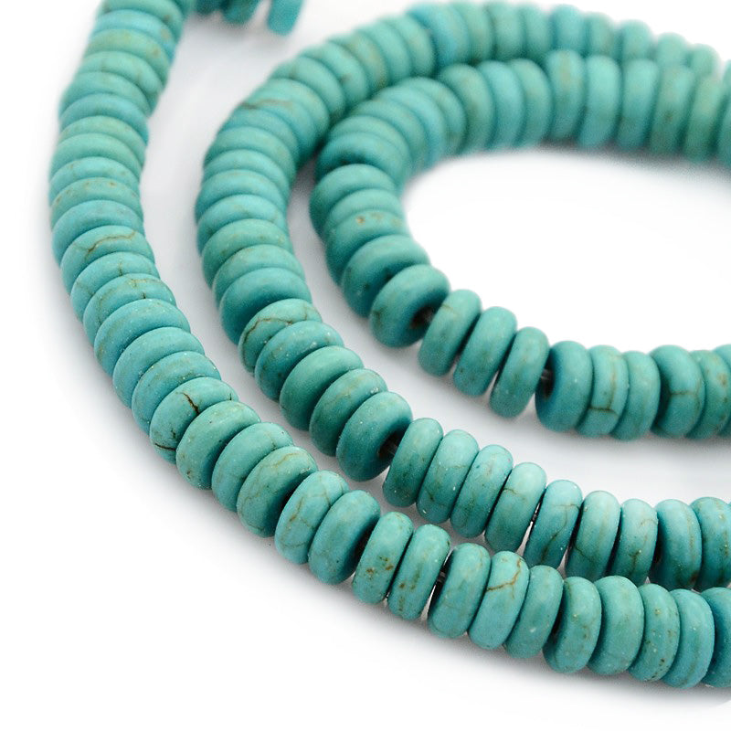 Synthetic Turquoise Disc Beads for DIY Jewelry Making. Turquoise Colored, Flat, Round Spacer Beads.  Size: 6mm Diameter, 2.5mm Thick, Hole: 1mm, approx. 150pcs/strand, 16 Inches Long.  Material: Synthetic Turquoise Disc Beads. Flat, Round, Lightweight Beads. Smooth Finish.