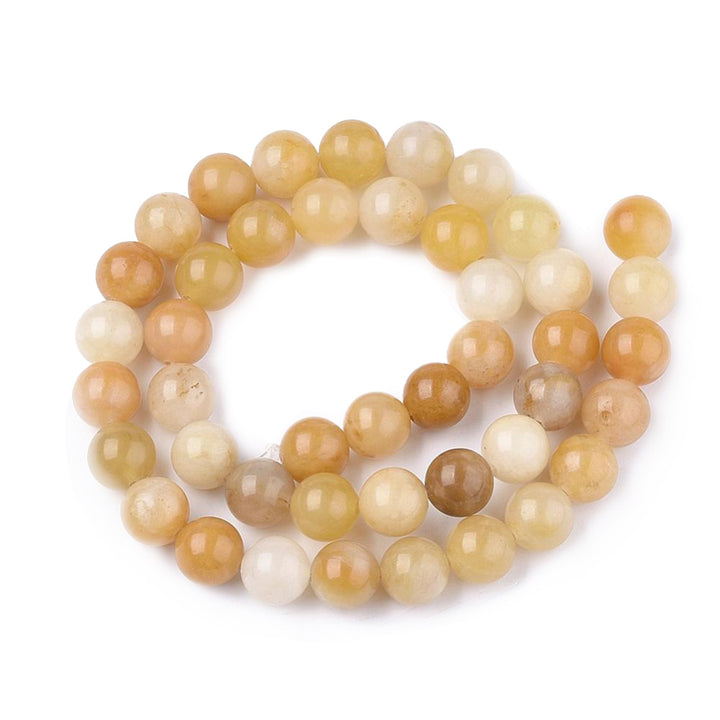 Natural Topaz Jade Beads, Round, Yellow/Orange Multi-Color Semi-Precious Gemstone Beads for Jewelry Making.   Size: 8mm Diameter, Hole: 1mm; approx. 48pcs/strand, 15" inches long.  Material: The Beads are Natural Topaz Jade Gemstone Beads. Multi Color with Variations of Yellow. Orange and White Tones. Polished, Shinny Finish.