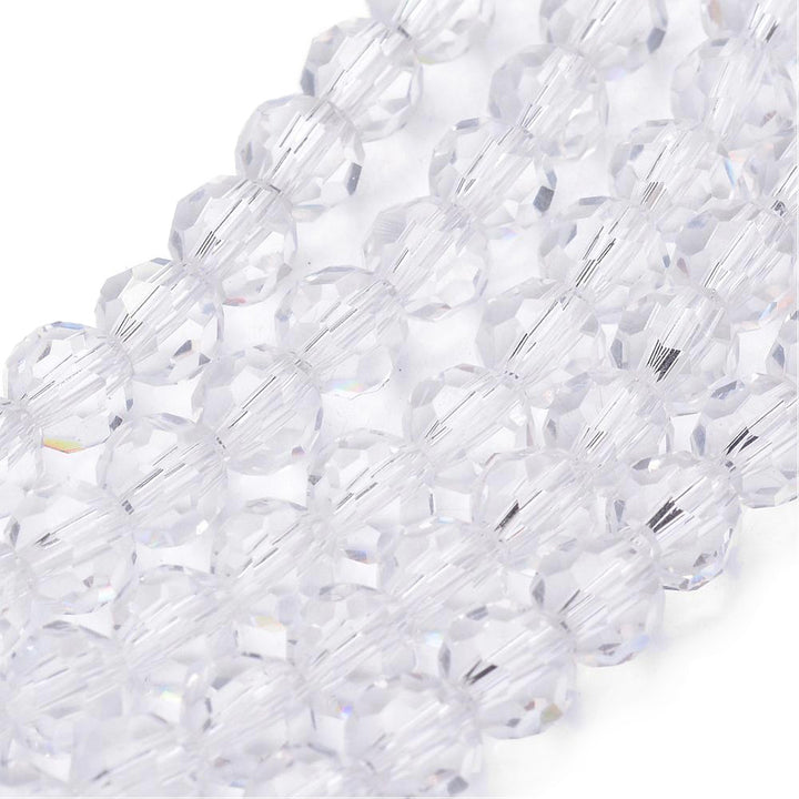 Premium Quality Transparent Faceted Glass Crystal Beads, Round, Clear Color.   Size: 6mm, Hole: 1mm, approx. 92pcs/strand, 20 inches long.  Material: Glass; Austrian Crystal Imitation.  Shape: Round, Faceted  Color: Clear  Usage: Beads for DIY Jewelry Making.