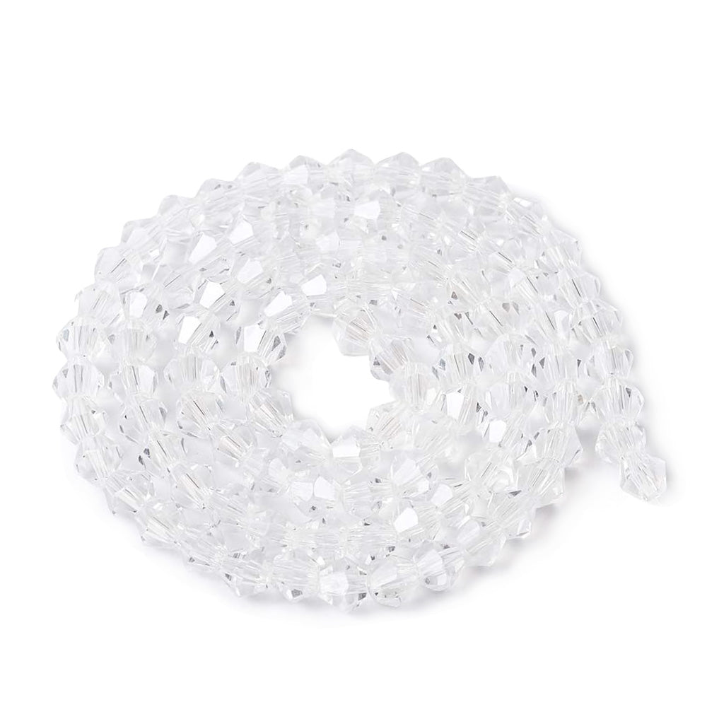 Glass Beads, Faceted, Transparent, Clear, Bicone, Crystal Beads for DIY Jewelry Making.  Size: 4mm Length, 4mm Width, Hole: 1mm; approx. 92pcs/strand, 13.75" inches long.  Material: The Beads are Made from Glass. Austrian Crystal Imitation Glass Crystal Beads, Bicone, Transparent, Clear Beads. Polished, Shinny Finish. 