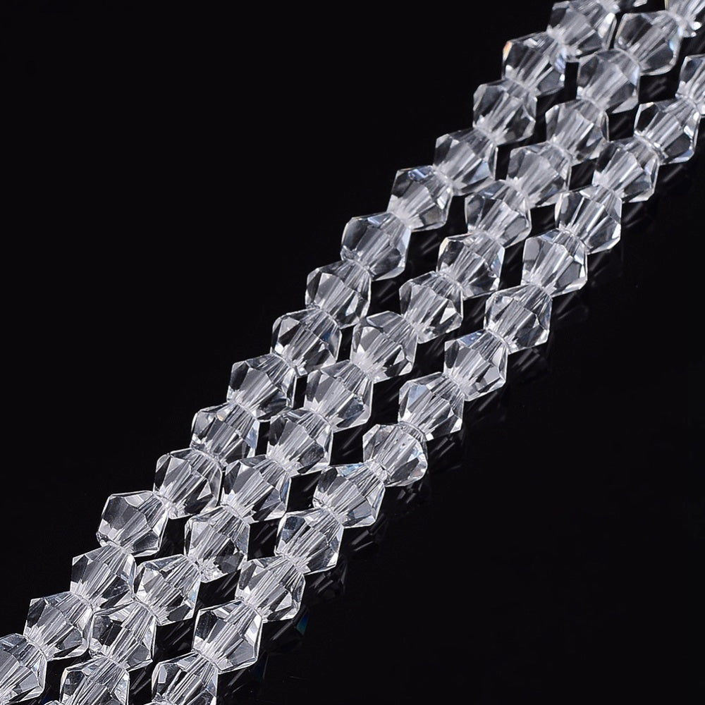 Glass Beads, Faceted, Transparent, Clear, Bicone, Crystal Beads for DIY Jewelry Making.  Size: 4mm Length, 4mm Width, Hole: 1mm; approx. 92pcs/strand, 13.75" inches long.  Material: The Beads are Made from Glass. Austrian Crystal Imitation Glass Crystal Beads, Bicone, Transparent, Clear Beads. Polished, Shinny Finish. 