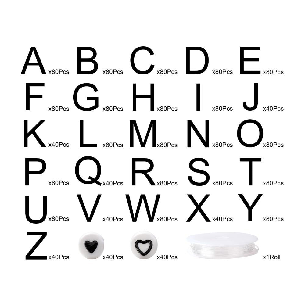 DIY Jewelry Making Kit. Acrylic Alphabet Beading Kit. Black Letters and Hearts on White Flat Acrylic Beads. Kit Comes with 0.8mm Elastic Crystal Thread.  Size: Beads Measure: 7x4mm Hole: 1mm, 1920 pcs/kit  Material: Acrylic Flat Round Beads with Letters and Hearts. 24 Compartment Kit comes with Elastic Crystal Thread 0.8mm