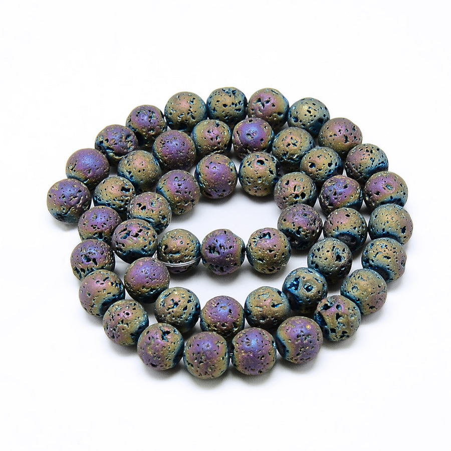 Lava Stone Beads, Round, Bumpy, Electroplated, Blue Purple Color Lava Beads. Semi-Precious Lava Stone Beads.  Size: 8-8.5mm Diameter, Hole: 1mm; approx. 46pcs/strand, 15" inches long.  Material: Porous Lava Stone Beads, Dyed, Blue Purple, Bumpy, Round Beads. Lava Stones are Fairly Lightweight; Making them Great for Jewelry. Affordable, High Quality Beads.