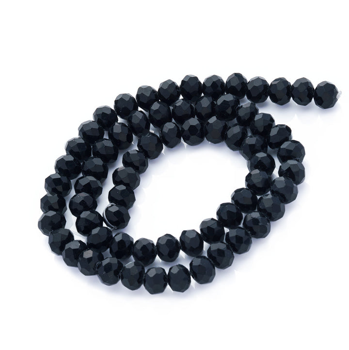 Handmade Glass Beads, Faceted, Black Color, Rondelle, Glass Crystal Bead Strands. Shinny, Premium Quality Crystal Beads for Jewelry Making.  Size: 8mm Diameter, 6mm Thick, Hole: 1mm; approx. 65pcs/strand, 16" inches long.  Material: The Beads are Made from Glass. Glass Crystal Beads, Rondelle, Dark Black Colored Beads. Polished, Shinny Finish.