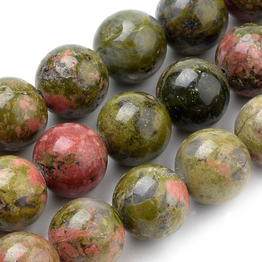 Natural Unakite Bead Strands, Round, Green Color. Semi-Precious Gemstone Beads for Jewelry Making. These Beads are Great for Stretch Bracelets.