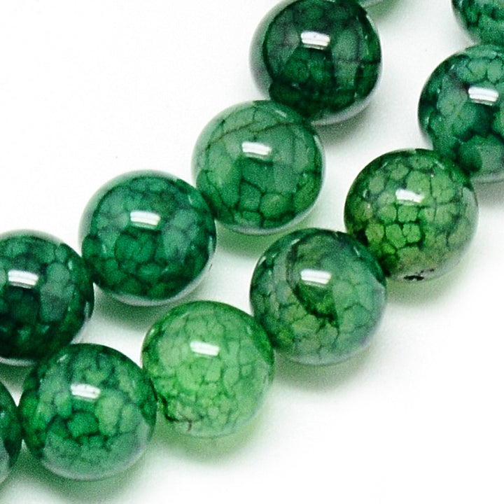 Dragon Veins Agate Beads, Dyed Green, Round, Polished Beads. Semi-Precious Gemstone Beads for Jewelry Making.  Size: 8mm Diameter, Hole: 1mm; approx. 46pcs/strand, 14.5" Inches Long.  Material: Dragon Veins Agate Beads, Green Color, Shinny Polished Finish.