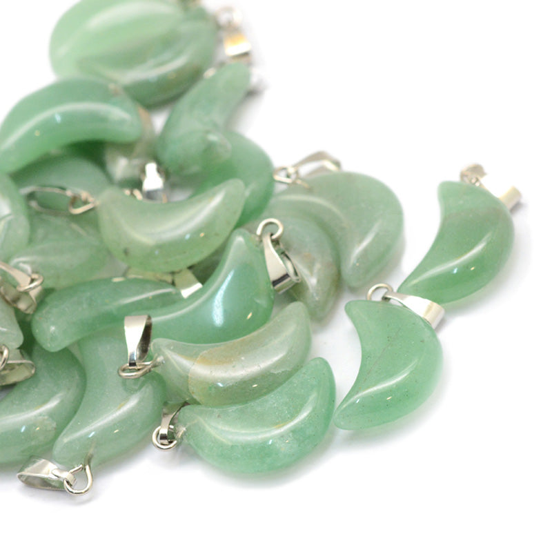 Gorgeous Natural Green Aventurine Moon Pendants, Light Green Color. Semi-precious Gemstone  Pendant for DIY Jewelry Making. Gorgeous Centre piece for Necklaces.   Size: 22mm Length, 14mm Wide, Hole: 2x7mm, Qty: 1pcs/package.  Material: Genuine Green Aventurine Stone Pendant, Platinum Toned Brass Findings. High Quality, Pale Green Moon Shaped Stone Pendants. Shinny, Polished Finish. 