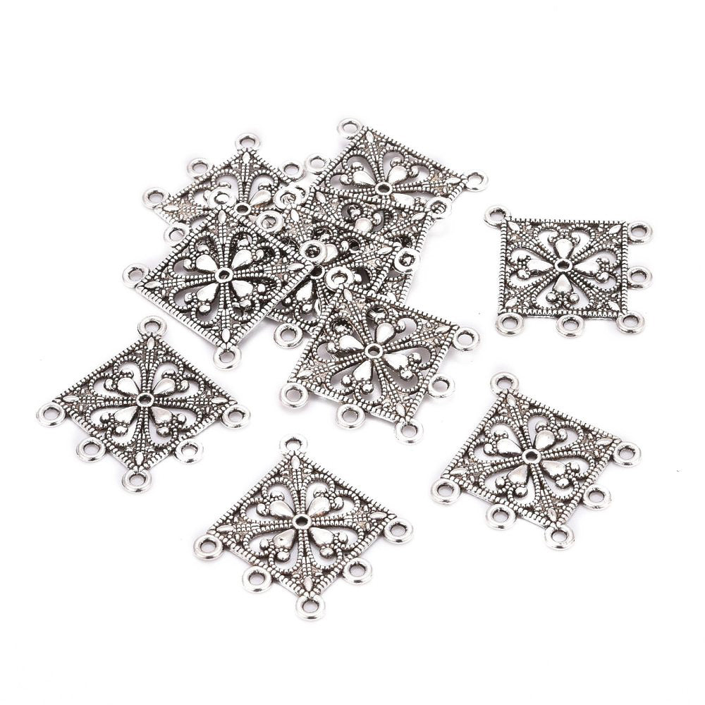 Tibetan Link Connectors, Rhombus Chandelier. Antique Silver Colored Connector for DIY Jewelry Making. Great for Making Boho Earrings or Dangle Earrings.  Size: 35mm Length, 33mm Width, 1.5mm Thick, Hole: 2mm, Quantity: 4pcs/bag.  Material: Alloy (Lead and Cadmium Free) Connectors, Links.. Antique Silver Color. Shinny Finish.