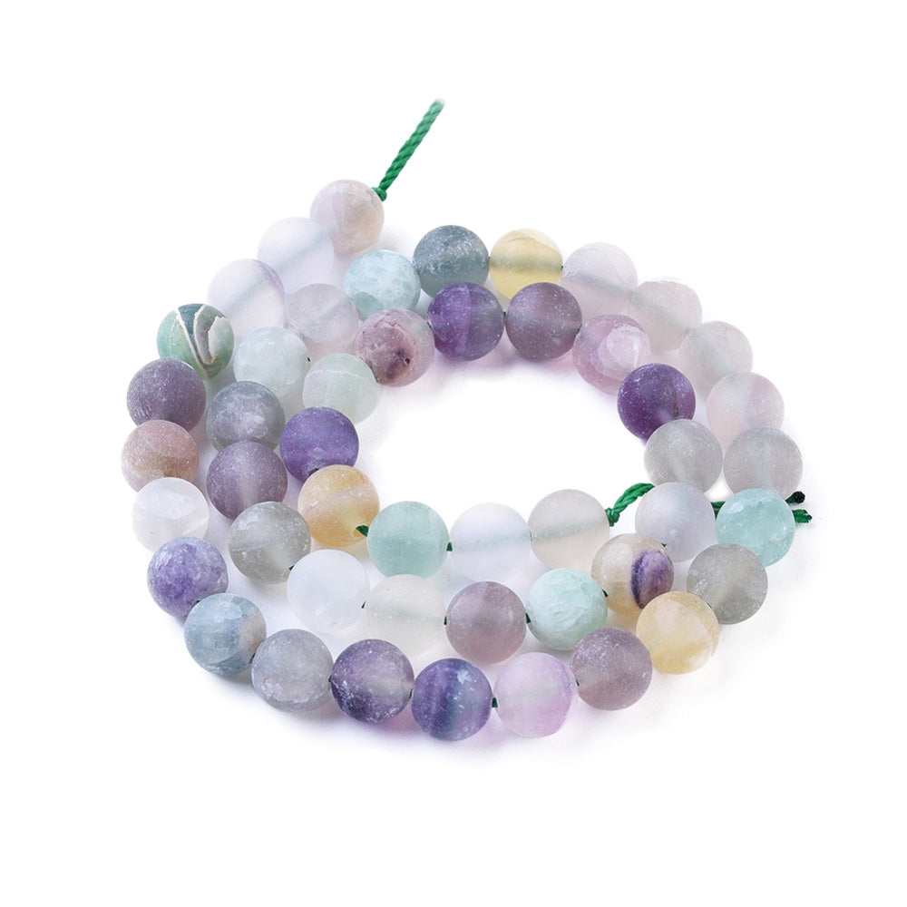 Frosted Natural Rainbow Fluorite Beads, Round, Matte Fluorite Gemstone Beads for DIY Jewelry Making. Semi-precious Fluorite Beads Contain Various Shades of Matte Green and some Matte Purple Beads with Specs of Grey and White.   Size: 8mm Diameter, Hole: 1.2mm; approx. 48pcs/strand, 15 inches long.   Material: Genuine Frosted Natural Rainbow Fluorite Bead Strand, Loose Stone Beads, High Quality Polished Stone Beads. Matte, Unpolished Finish. 