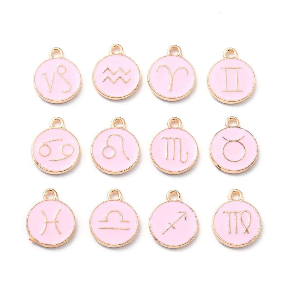 Zodiac Enamel Charms, Light Gold Plated, Soft Light Pink Color. Round, Flat Pendants for DIY Jewelry Making. Add a Personal Touch to Your Jewelry Creations.  Size: approx.15mm Long, 12mm Diameter, 2mm Thick. Hole Size: 1.5mm, 12pcs/bag.  Material: Alloy Enamel Pendants. Gold Plated, Zodiac Charms. Light Pink Color, Shinny Finish. 