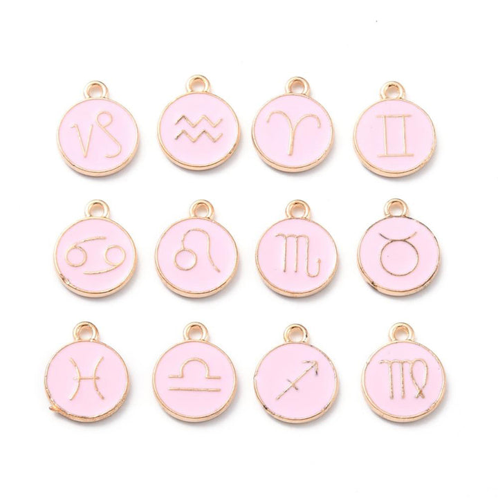 Zodiac Enamel Charms, Light Gold Plated, Soft Light Pink Color. Round, Flat Pendants for DIY Jewelry Making. Add a Personal Touch to Your Jewelry Creations.  Size: approx.15mm Long, 12mm Diameter, 2mm Thick. Hole Size: 1.5mm, 12pcs/bag.  Material: Alloy Enamel Pendants. Gold Plated, Zodiac Charms. Light Pink Color, Shinny Finish. 