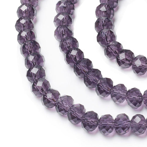 Glass Crystal Beads, Faceted, Purple Color, Rondelle, Glass Crystal Bead Strands. Shinny Crystal Beads for Jewelry Making.  Size: 4mm Diameter, 3mm Thick, Hole: 1mm; approx. 120-127pcs/strand, 15.5" inches long.  Material: The Beads are Made from Glass. Glass Crystal Beads, Rondelle, Medium Purple Colored Beads. Polished, Shinny Finish.