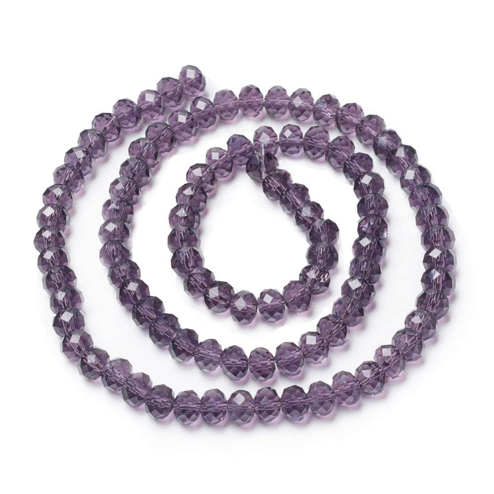 Glass Crystal Beads, Faceted, Purple Color, Rondelle, Glass Crystal Bead Strands. Shinny Crystal Beads for Jewelry Making.  Size: 4mm Diameter, 3mm Thick, Hole: 1mm; approx. 120-127pcs/strand, 15.5" inches long.  Material: The Beads are Made from Glass. Glass Crystal Beads, Rondelle, Medium Purple Colored Beads. Polished, Shinny Finish.