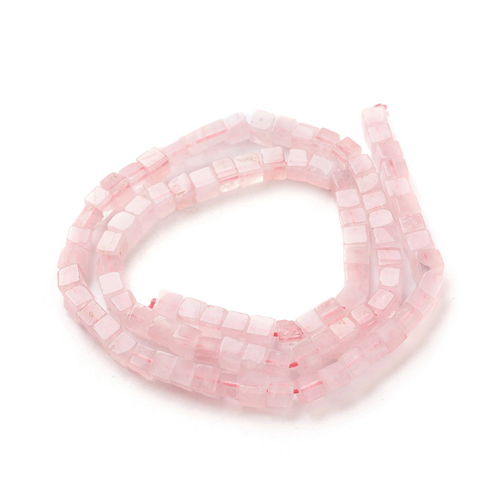 Cube Rose Quartz Beads, Pink Color. Semi-Precious Stone Beads for DIY Jewelry Making.  Size: 4mm Length, 4mm Width,  Hole: 1mm; approx. 89-92pcs/strand, 15" Inches Long.   Material: Genuine Rose Quartz, Square Cube Beads, Pink Color. Polished Finish.