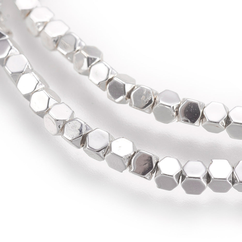 Premium grade Silver, Faceted, Square Hematite Spacer Beads, Electroplated Non-magnetic Synthetic Hematite Beads. Semi-Precious Stone Silver Spacers for Jewelry Making.  Size: 4mm Length, 4mm Width, hole: 0.8mm; approx. 93-96pcs/strand, 15.7 inches.  Material: Grade AA Faceted, Square Shaped, Non-Magnetic Synthetic Electroplated Silver Hematite Loose Spacer Beads. Platinum Silver Plated Spacers. Polished, Shinny Finish.   