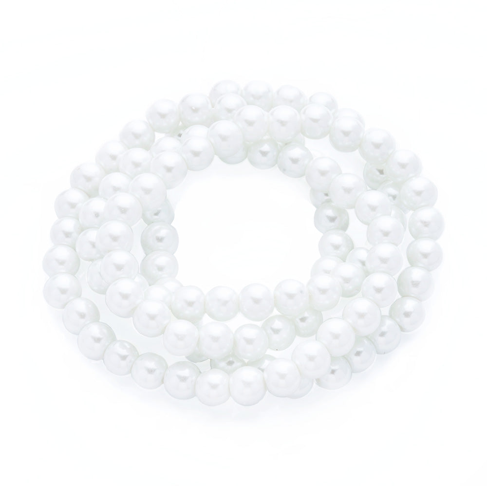 Glass Pearl Bead Strands, Round, White Color. Shinny Pearl Beads for Jewelry Making. Size: 8mm in diameter, hole: 1mm; approx. 105pcs/strand, 32 inches long.  Material: The Beads are Made from Glass. Glass, Pearlized, Round, White Color Beads. Polished, Shinny Finish. www.beadlot.com